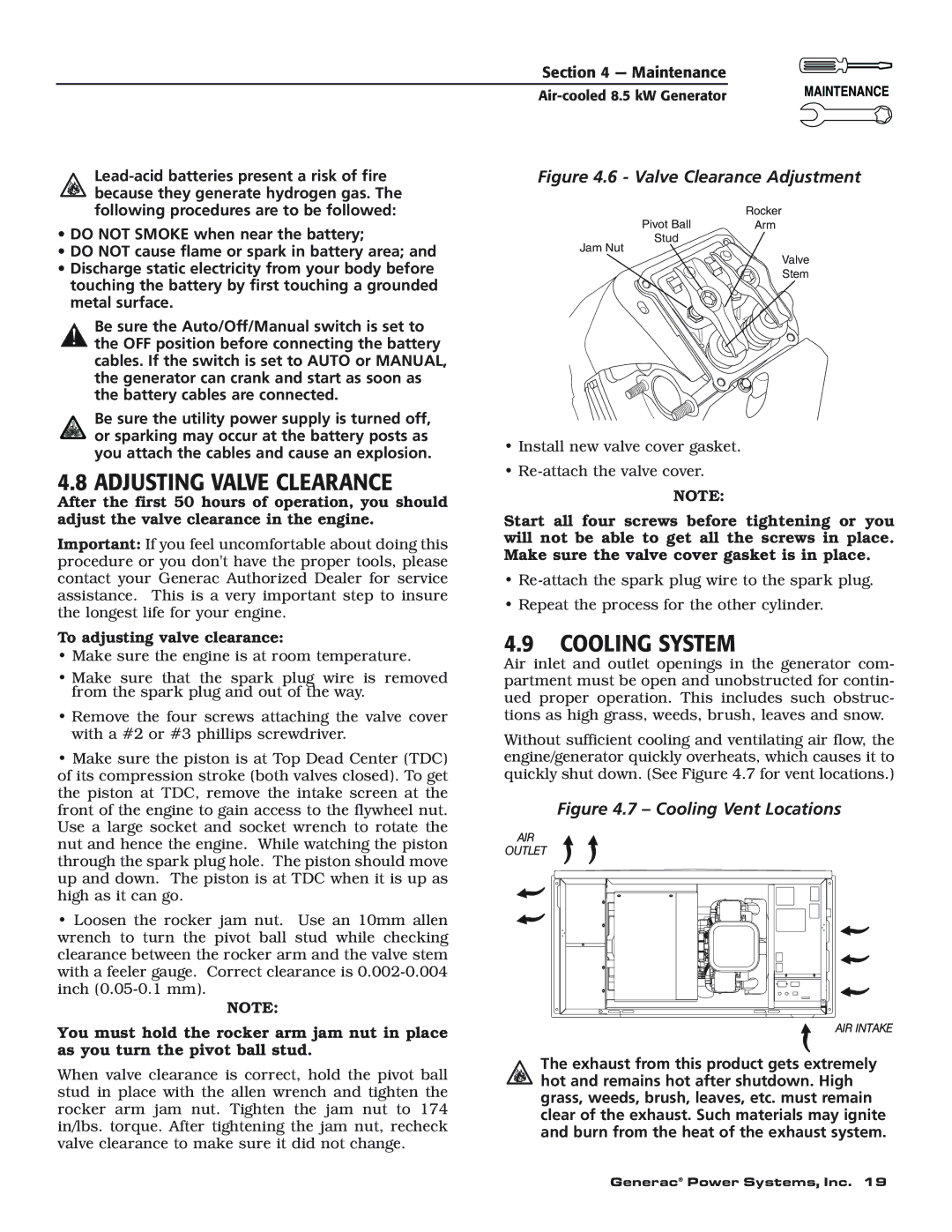 Generac 004692-0 owner manual Adjusting Valve Clearance, Cooling System 