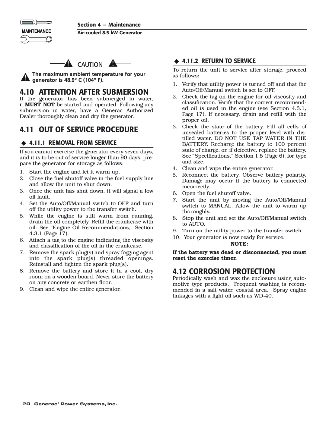 Generac 004692-0 owner manual OUT of Service Procedure, Corrosion Protection, Return to Service, Removal from Service 