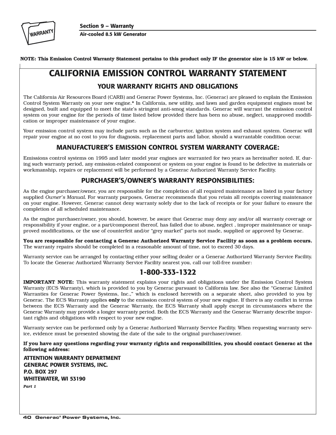 Generac 004692-0 Your Warranty Rights and Obligations, MANUFACTURER’S Emission Control System Warranty Coverage 