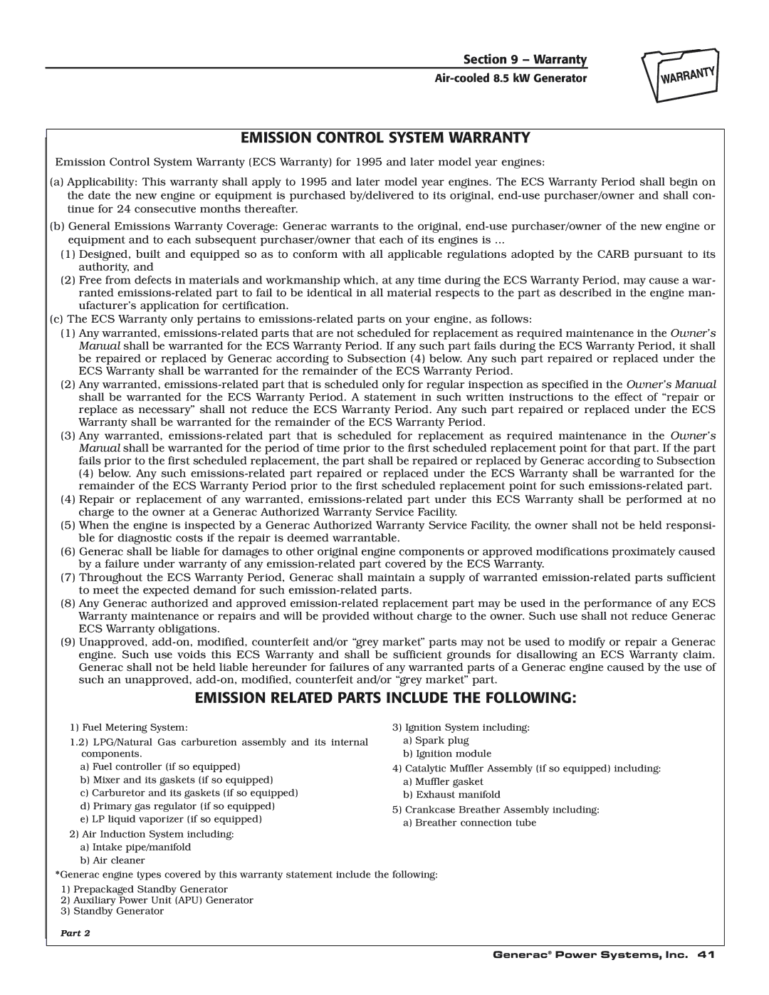 Generac 004692-0 owner manual Emission Control System Warranty, Emission Related Parts Include the Following 