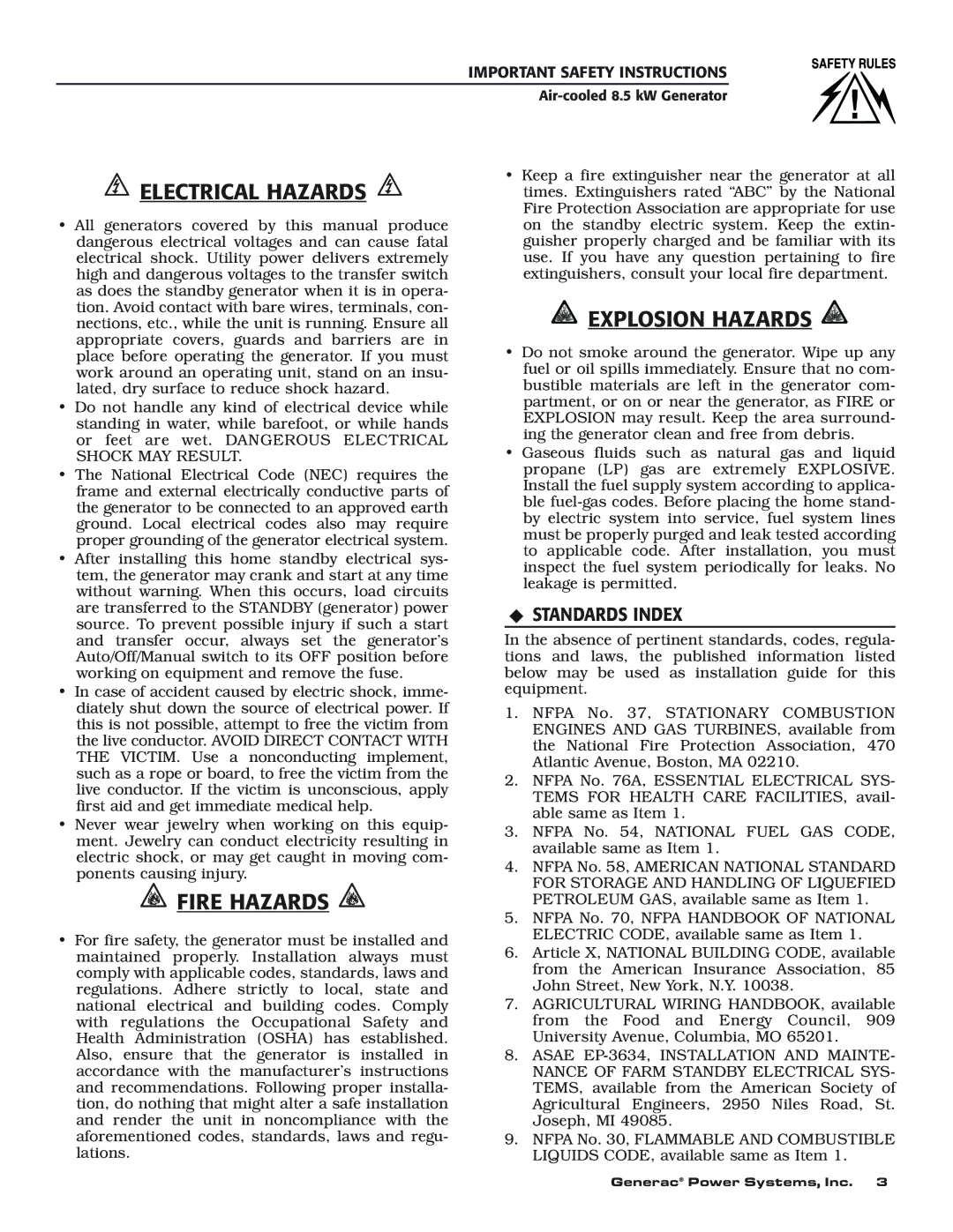 Generac 004692-0 owner manual Electrical Hazards, Standards Index 