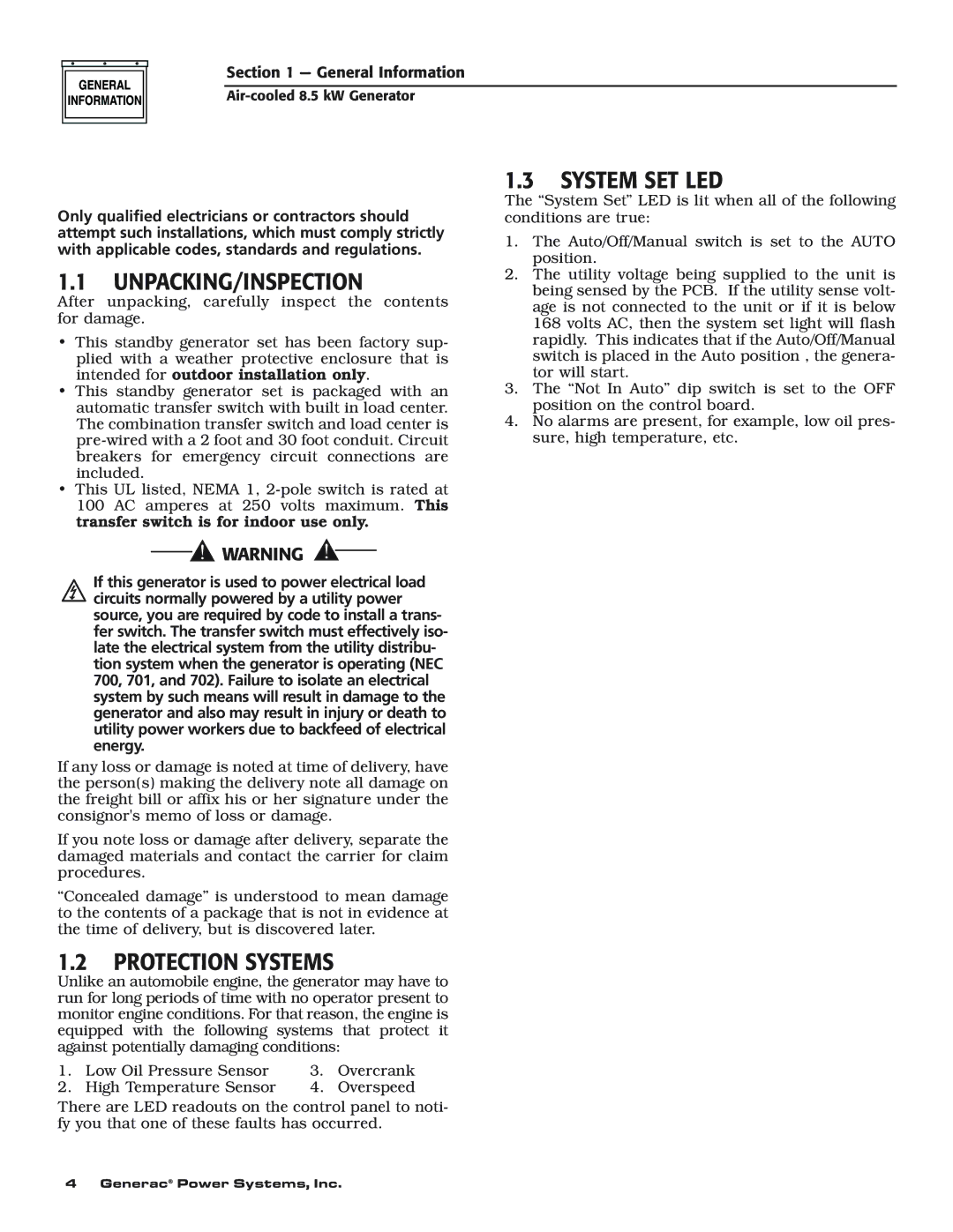 Generac 004692-0 owner manual System SET LED, Unpacking/Inspection, Protection Systems 