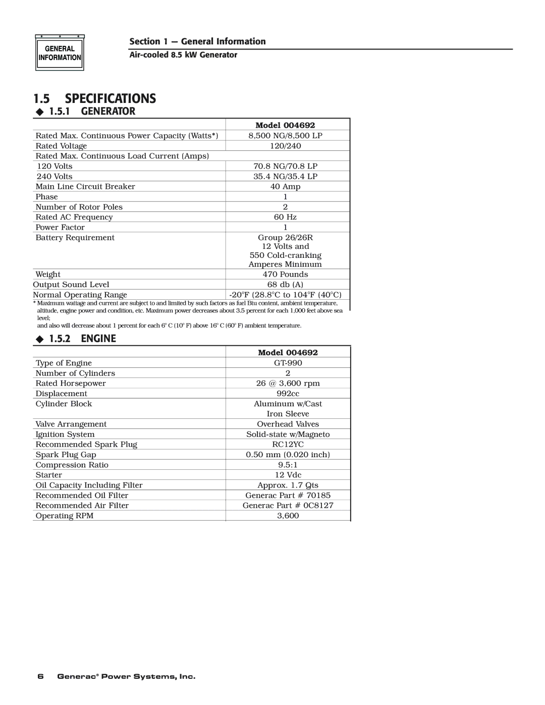 Generac 004692-0 owner manual Specifications, Generator 