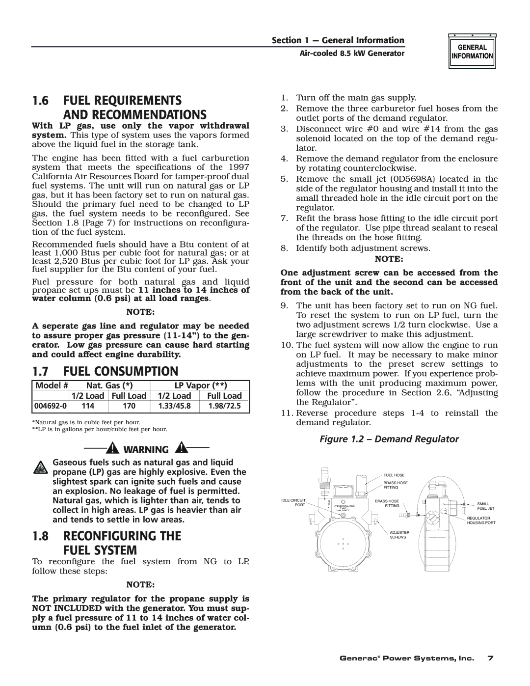 Generac 004692-0 owner manual Fuel Requirements Recommendations, Fuel Consumption, Reconfiguring Fuel System 