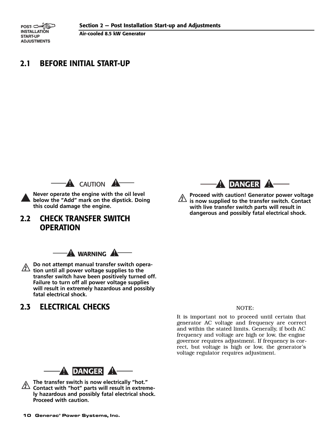 Generac 004692-2 owner manual Before Initial START-UP, Check Transfer Switch Operation, Electrical Checks 