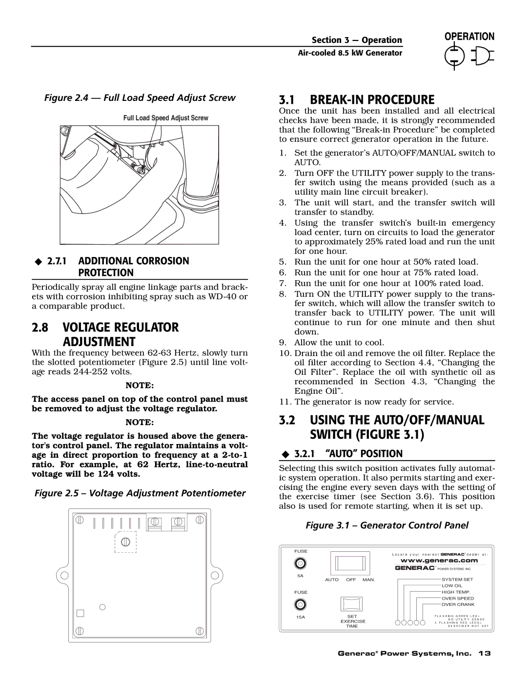 Generac 004692-2 owner manual Voltage Regulator Adjustment, BREAK-IN Procedure, ‹ 3.2.1 Auto Position 