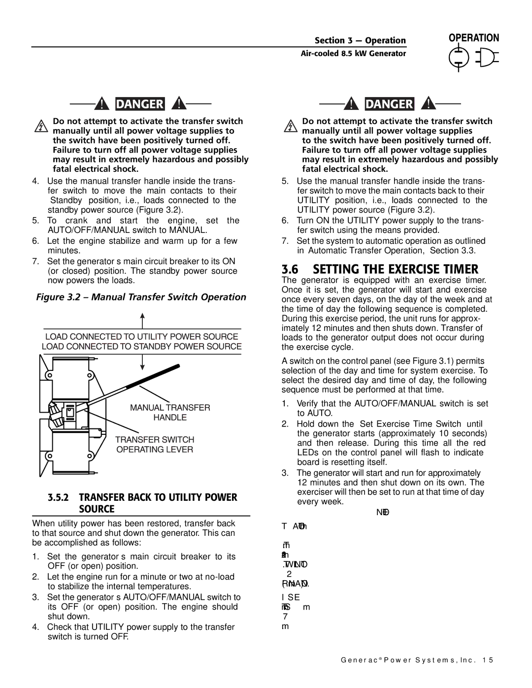 Generac 004692-2 owner manual Setting the Exercise Timer, ‹ 3.5.2 Transfer Back to Utility Power Source 