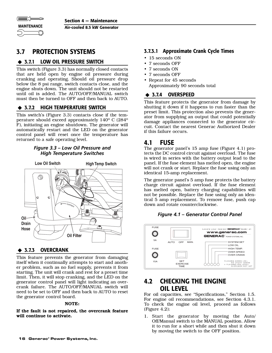 Generac 004692-2 Checking the Engine OIL Level, ‹ 3.7.1 LOW OIL Pressure Switch, ‹ 3.7.2 High Temperature Switch 