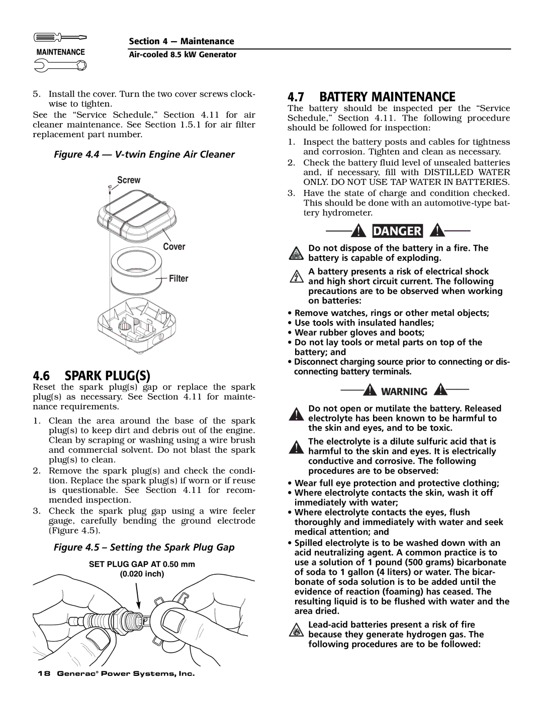 Generac 004692-2 owner manual Battery Maintenance, Spark Plugs 