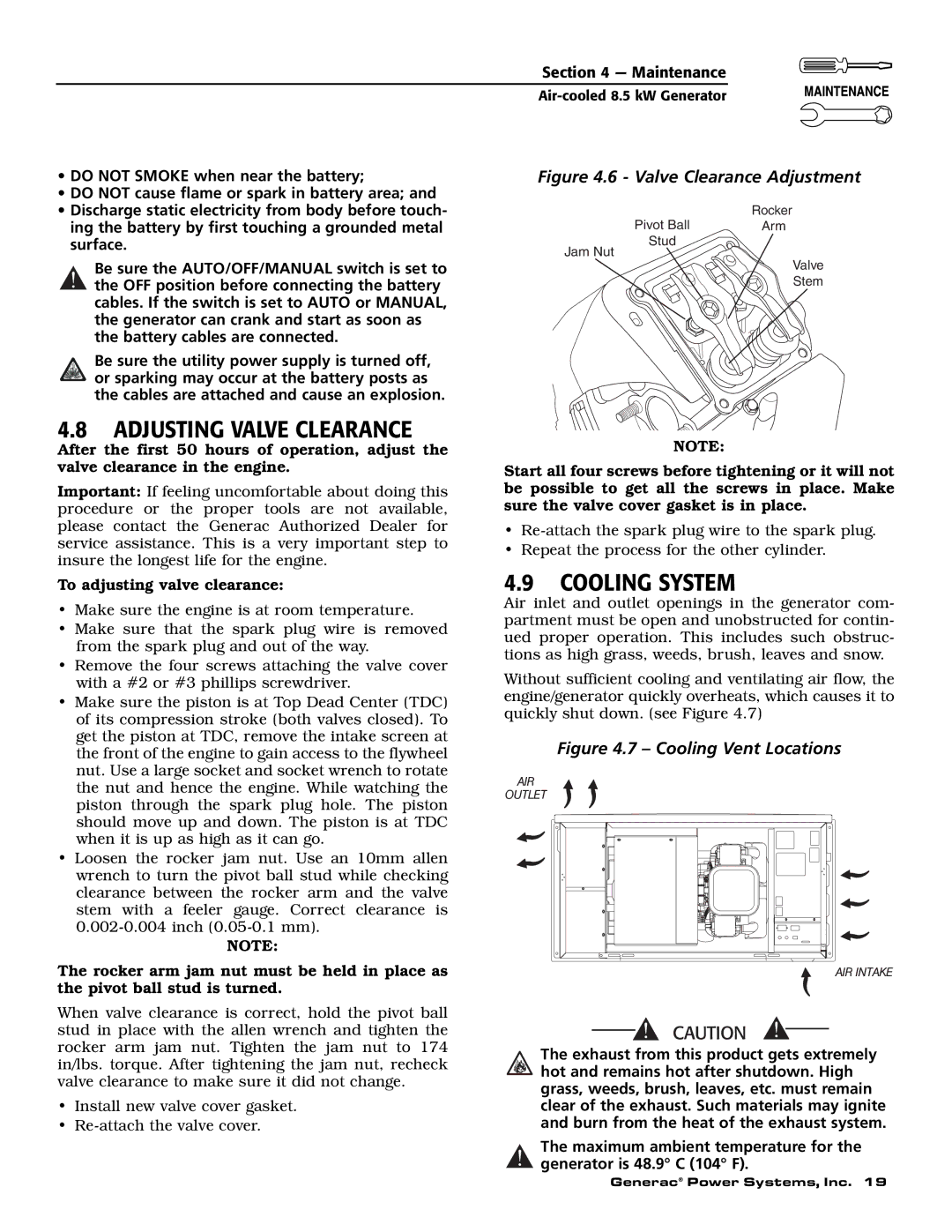 Generac 004692-2 owner manual Adjusting Valve Clearance, Cooling System 