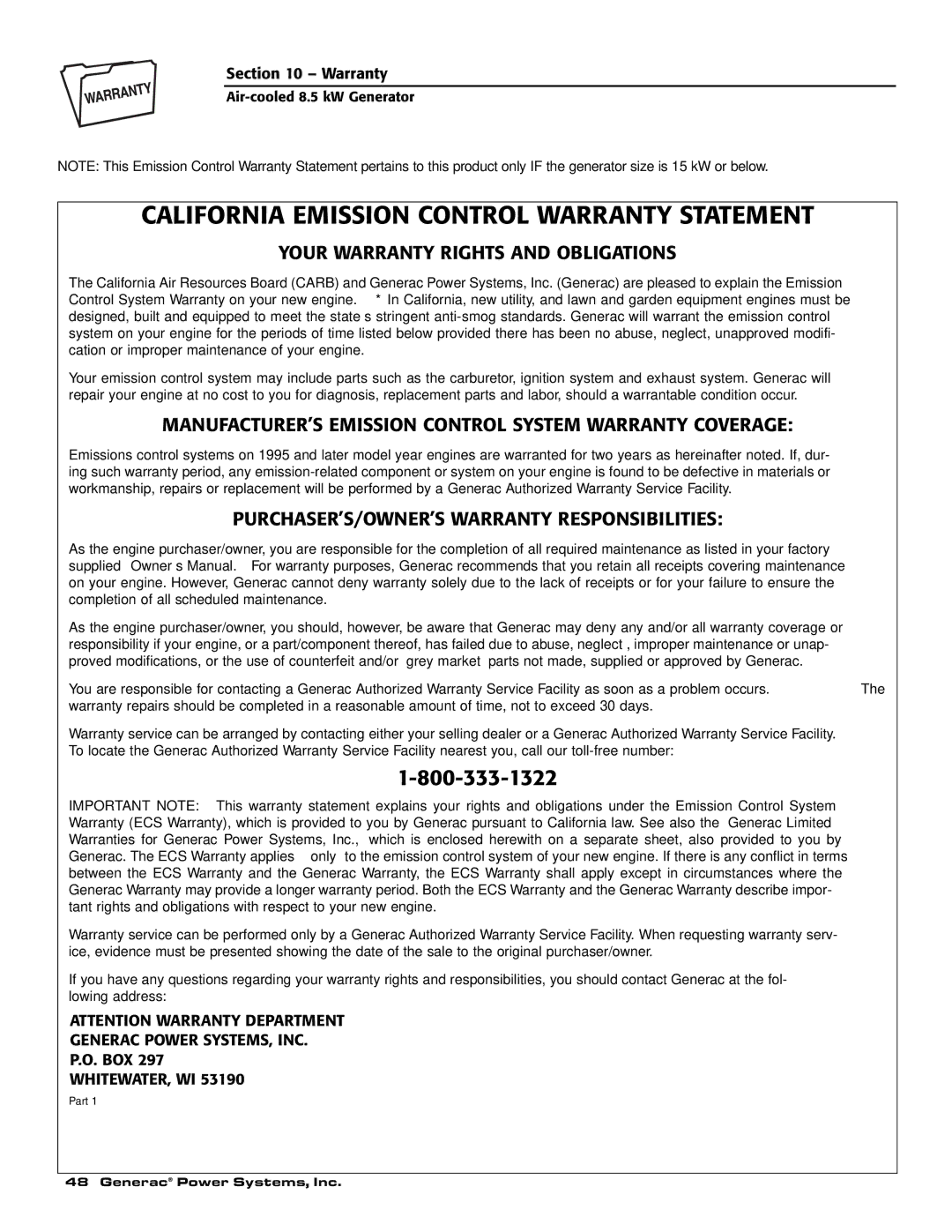 Generac 004692-2 Your Warranty Rights and Obligations, MANUFACTURER’S Emission Control System Warranty Coverage 