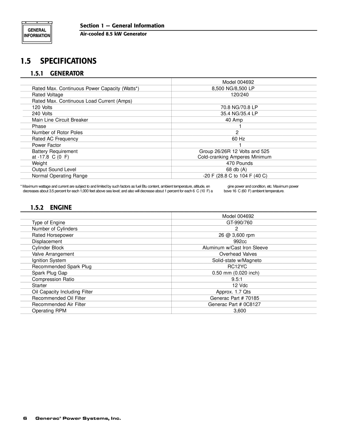 Generac 004692-2 owner manual Specifications, ‹ 1.5.1 Generator 