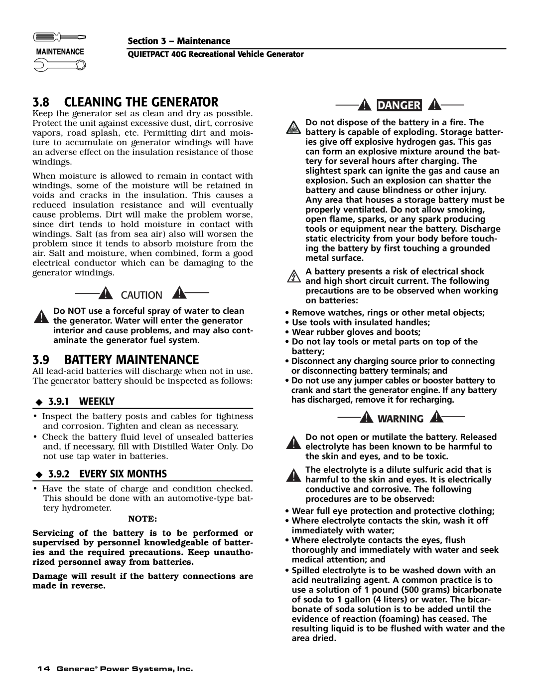 Generac 004700-0 owner manual Cleaning The Generator, Battery Maintenance, Weekly, Every Six Months, Danger 