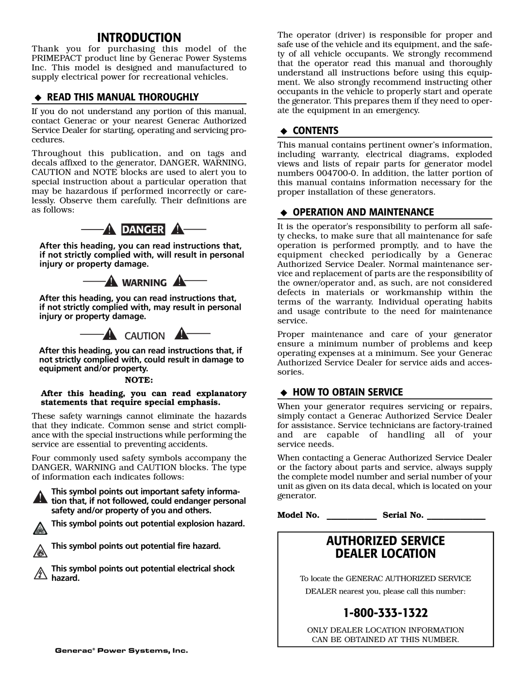 Generac 004700-0 Introduction, Authorized Service Dealer Location, Read This Manual Thoroughly, Danger, Contents 