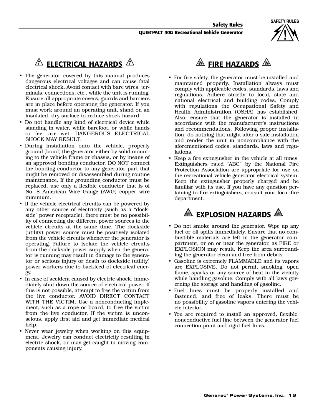 Generac 004700-0 owner manual Fire Hazards, Electrical Hazards, Explosion Hazards 