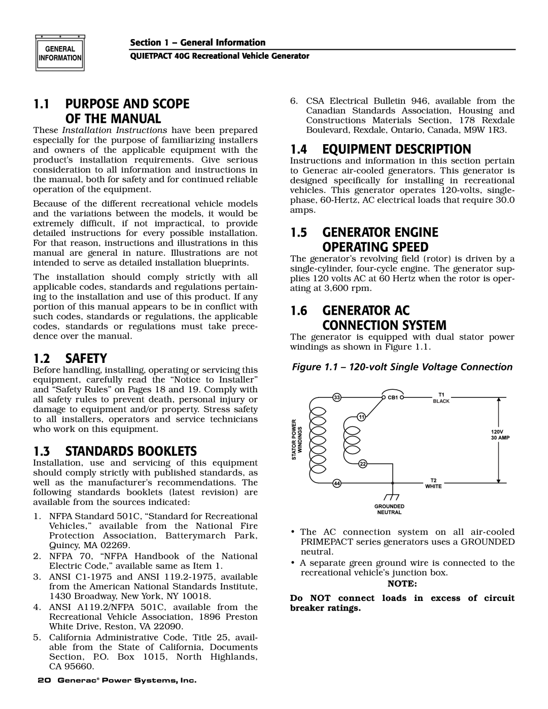 Generac 004700-0 Purpose And Scope Of The Manual, Equipment Description, Generator Engine Operating Speed, Safety 