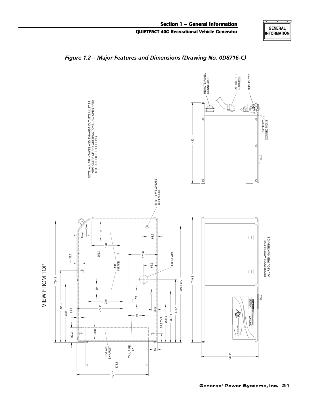 Generac 004700-0 owner manual Major Features, View From Top, General Information, Generac Power Systems, Inc 