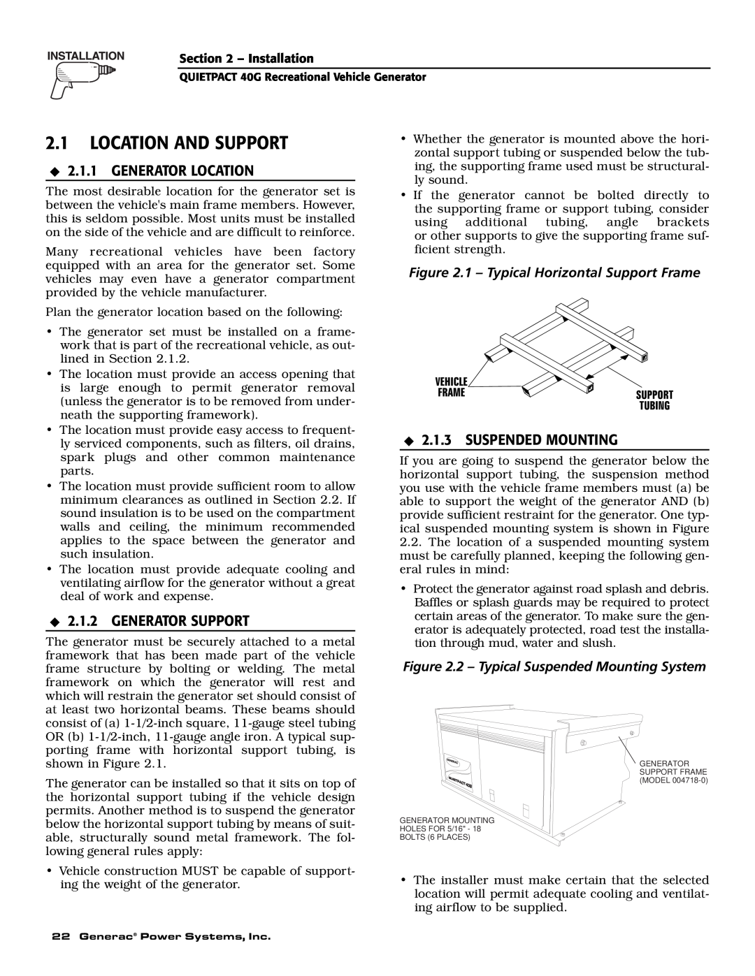 Generac 004700-0 owner manual Location And Support, Generator Location, Generator Support, Suspended Mounting 
