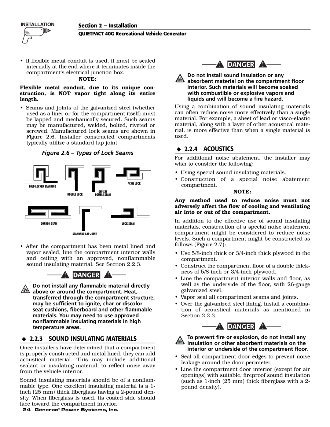 Generac 004700-0 owner manual Acoustics, Sound Insulating Materials, 6 - Types of Lock Seams, Danger 