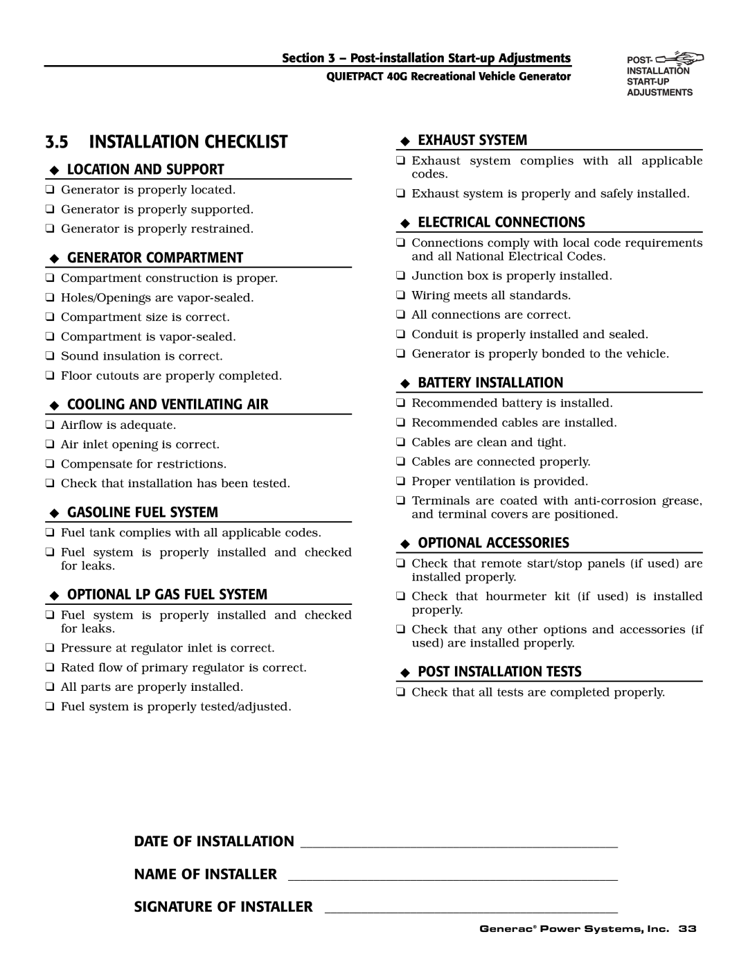 Generac 004700-0 owner manual Installation Checklist 