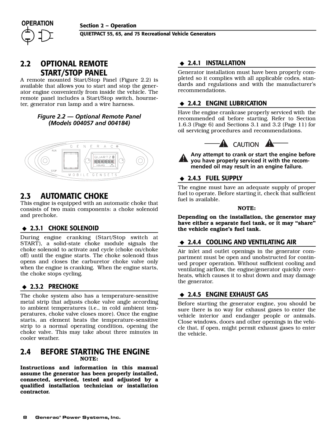 Generac 004702-0, 004703-0, 004704-0, 004705-0, 004706-0, 004707-0 Optional Remote START/STOP Panel, Automatic Choke 