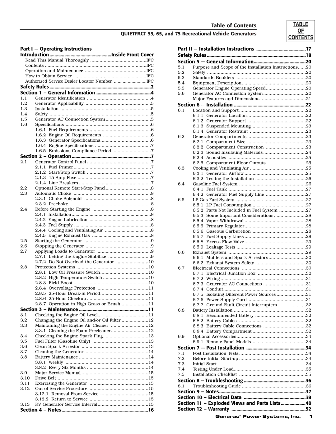 Generac 004702-0, 004703-0, 004704-0, 004705-0, 004706-0, 004707-0 owner manual Table of Contents 