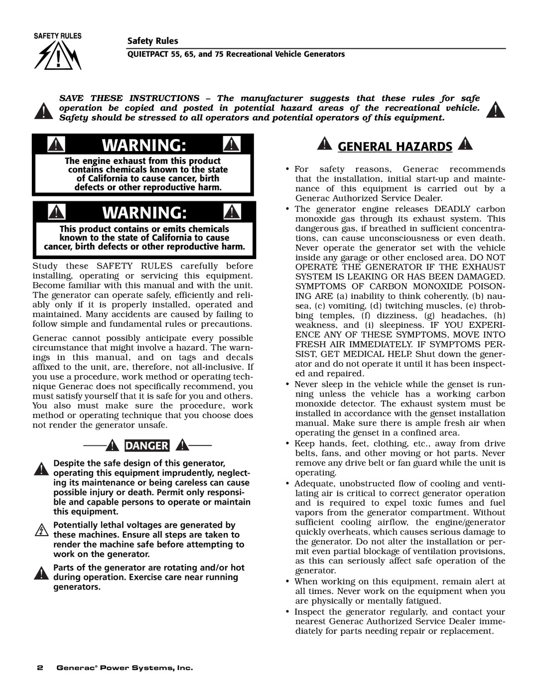 Generac 004702-0, 004703-0, 004704-0, 004705-0, 004706-0, 004707-0 owner manual General Hazards 