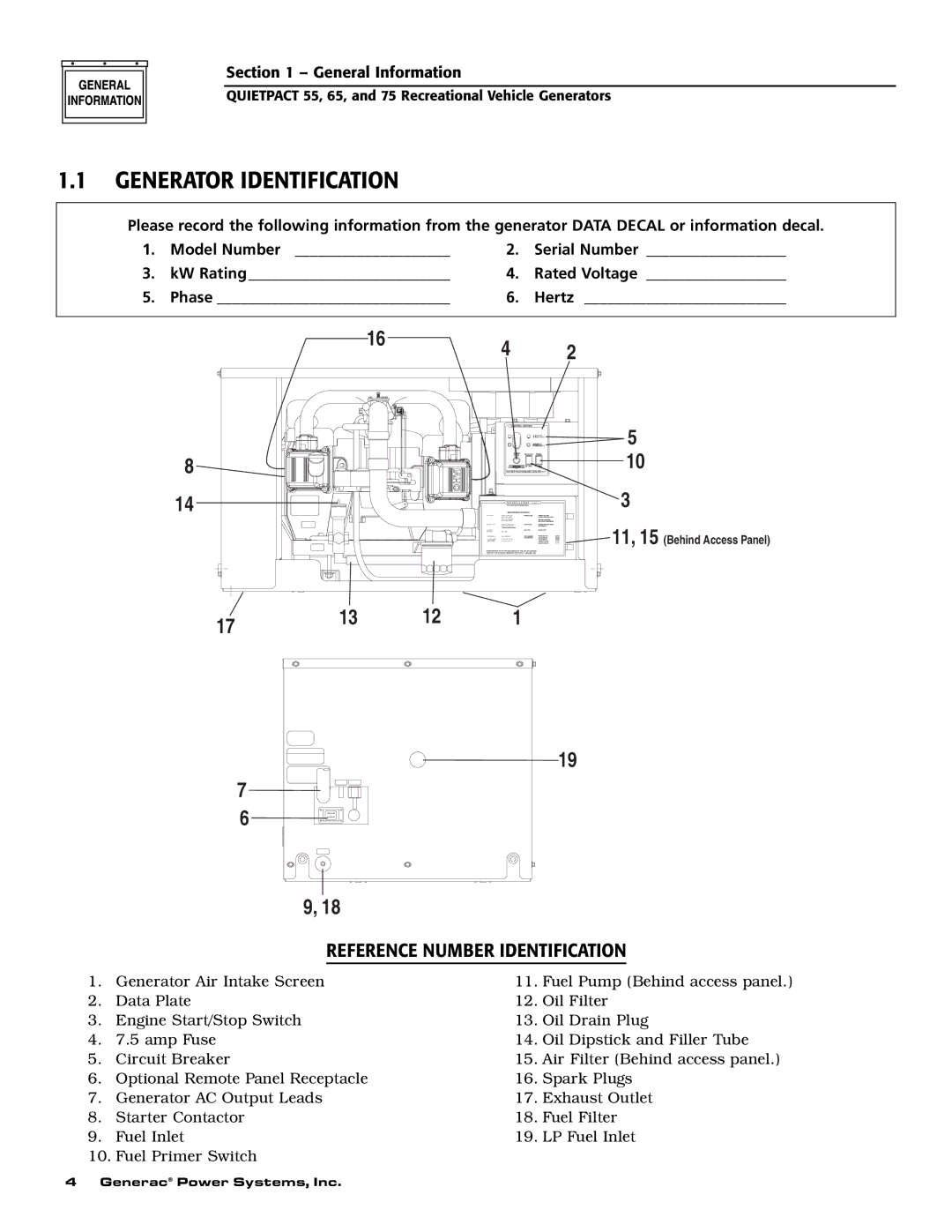 Generac 004702-0, 004703-0, 004704-0, 004705-0, 004706-0, 004707-0 owner manual Generator Identification 