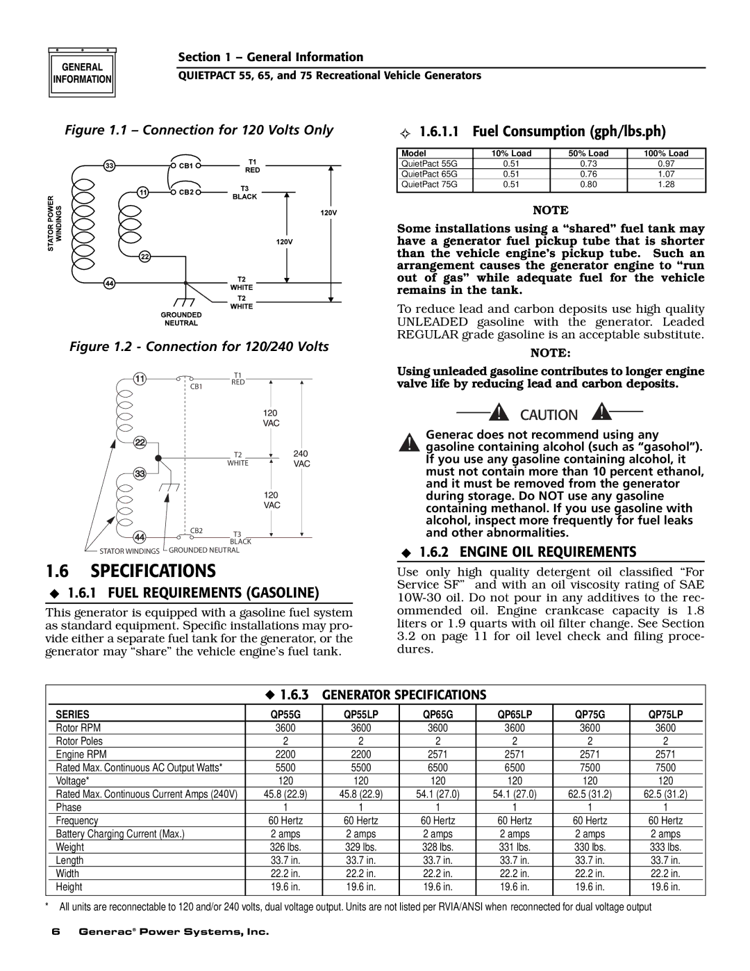 Generac 004702-0, 004703-0, 004704-0, 004705-0, 004706-0, 004707-0 owner manual Specifications, Fuel Consumption gph/lbs.ph 