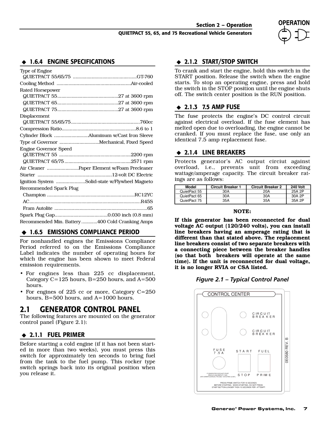 Generac 004702-0, 004703-0, 004704-0, 004705-0, 004706-0, 004707-0 owner manual Generator Control Panel 