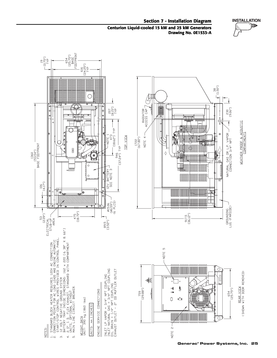Generac 004912-0, 004912-1, 004913-0, 004913-1, 004913-2 owner manual Installation Diagram, Drawing No. 0E1533-A 