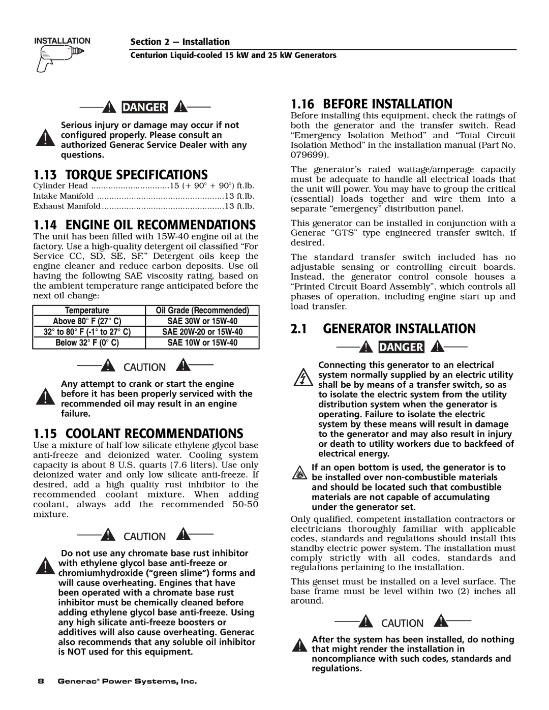 Generac 004912-0, 004912-1, 004913-0, 004913-1 Torque Specifications, Engine OIL Recommendations, Coolant Recommendations 