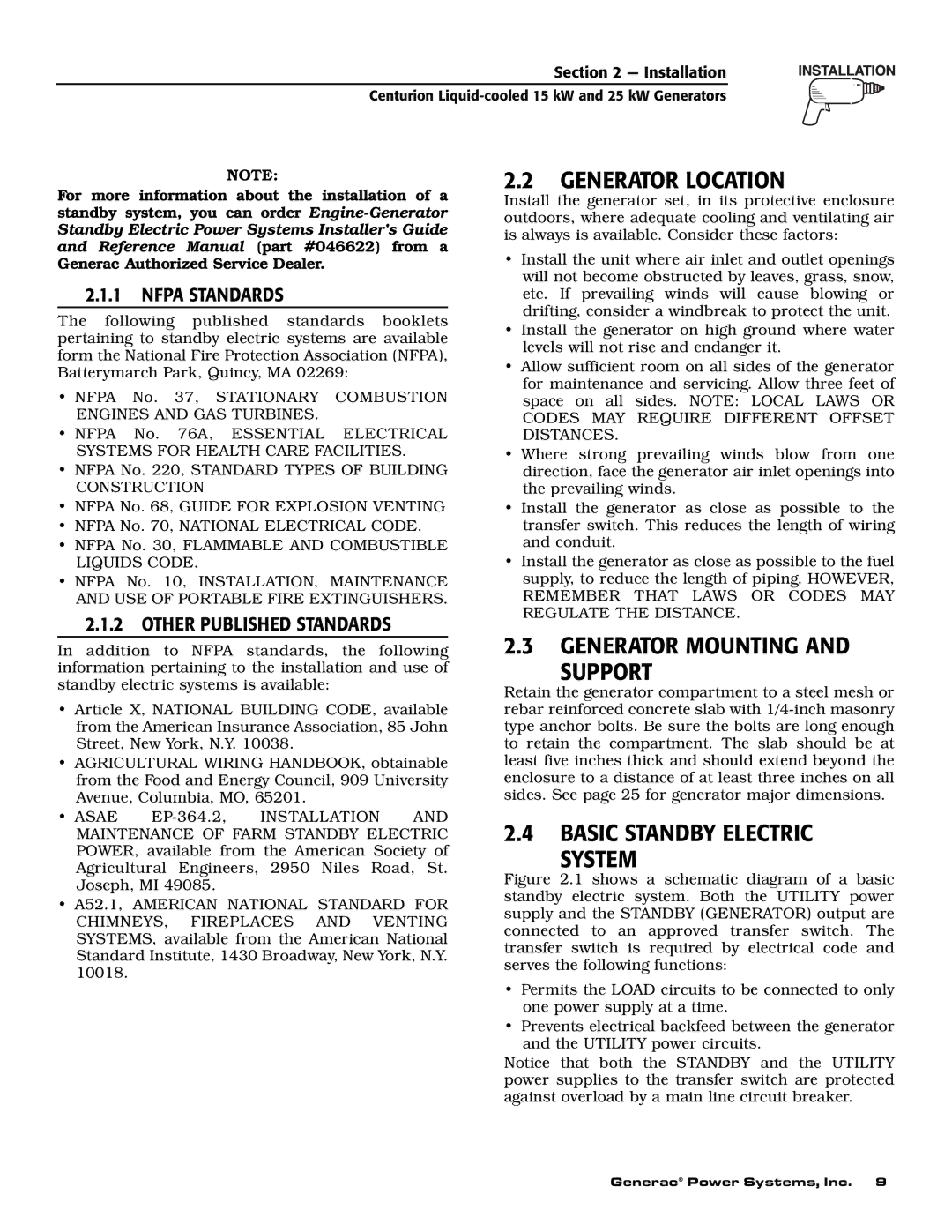 Generac 004912-0, 004912-1, 004913-0, 004913-1, 004913-2 owner manual Generator Location, Generator Mounting Support 