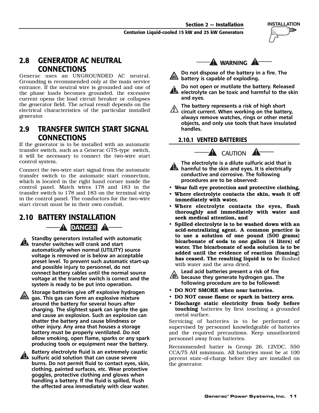 Generac 004912-0, 004912-1, 004913-0, 004913-1, 004913-2 Generator AC Neutral Connections, Battery Installation 