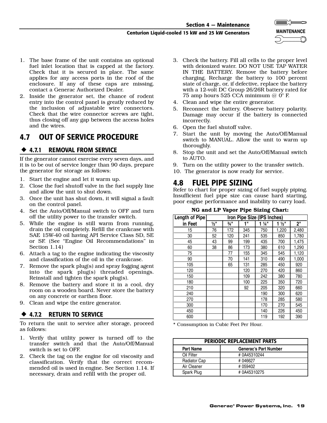 Generac 004912-0, 004912-1, 004913-0, 004913-1, 004913-2 owner manual OUT of Service Procedure, Fuel Pipe Sizing 