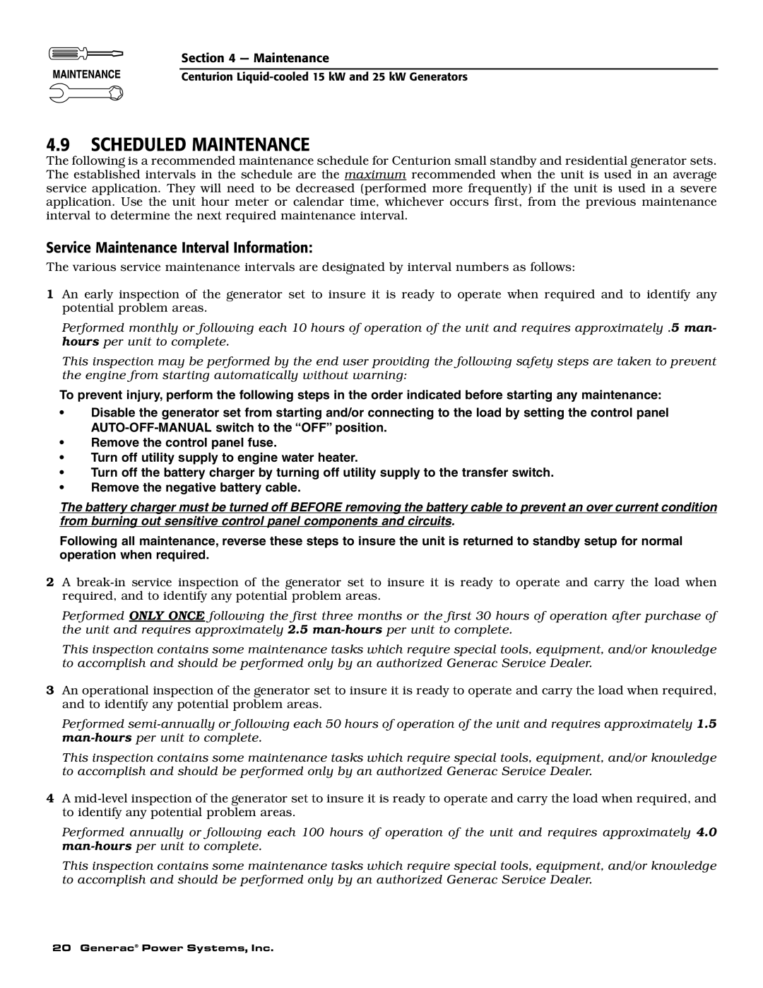 Generac 004912-0, 004912-1, 004913-0, 004913-1 owner manual Scheduled Maintenance, Service Maintenance Interval Information 