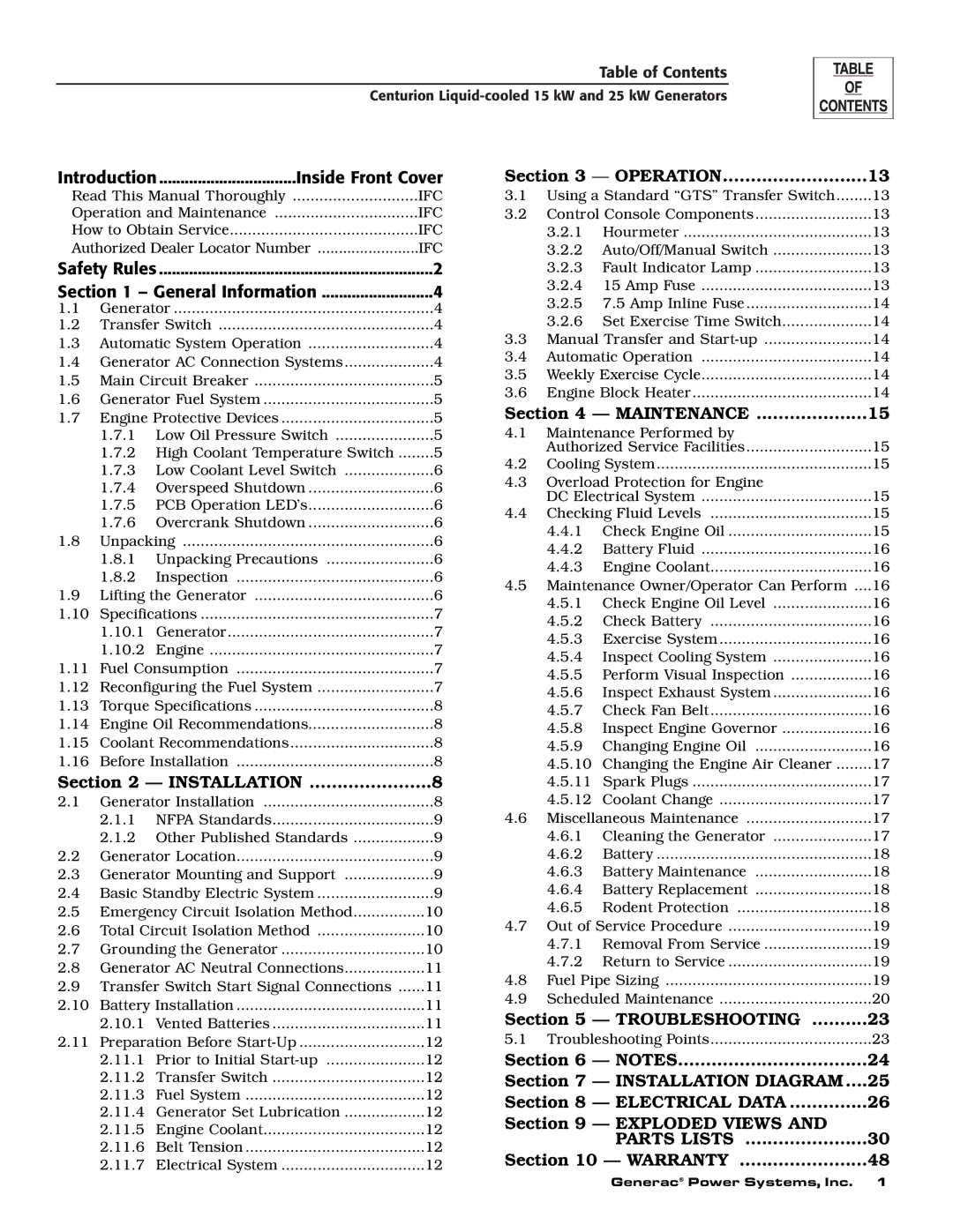 Generac 004912-0, 004912-1, 004913-0, 004913-1, 004913-2 owner manual Inside Front Cover 