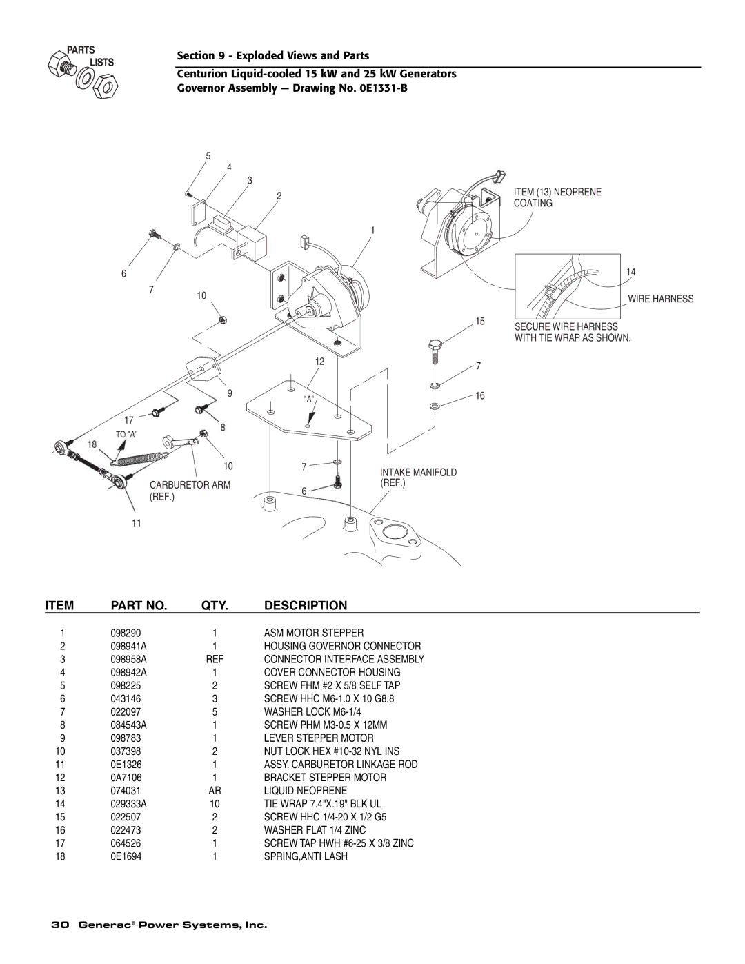 Generac 004912-0, 004912-1, 004913-0, 004913-1 ASM Motor Stepper, Housing Governor Connector, Connector Interface Assembly 