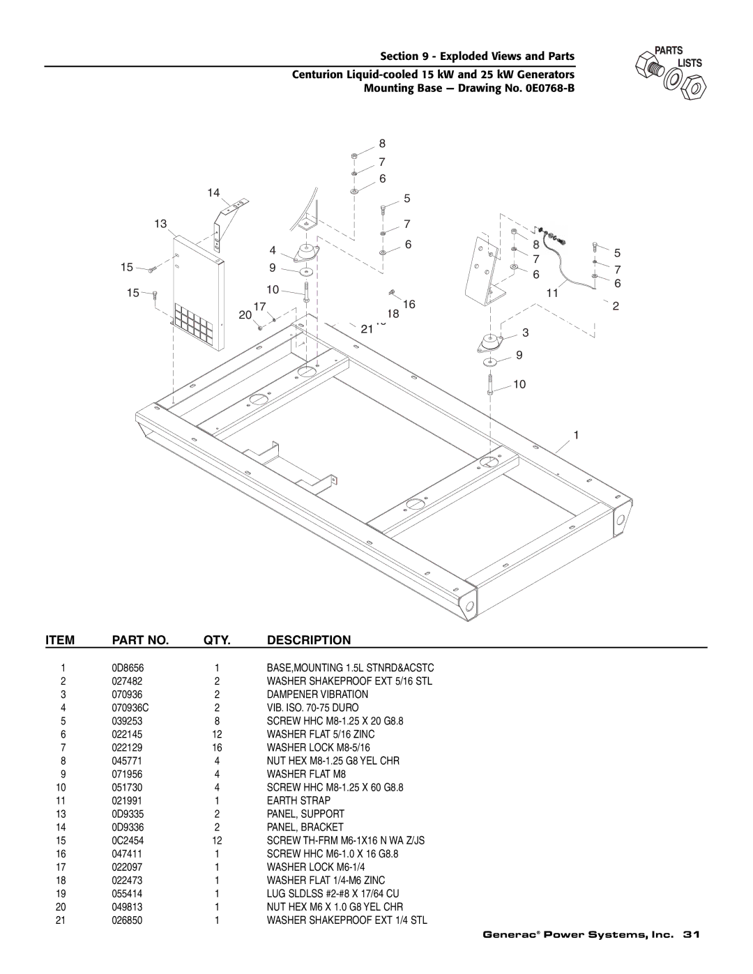 Generac 004912-0, 004912-1, 004913-0, 004913-1, 004913-2 BASE,MOUNTING 1.5L STNRD&ACSTC, Washer Shakeproof EXT 5/16 STL 