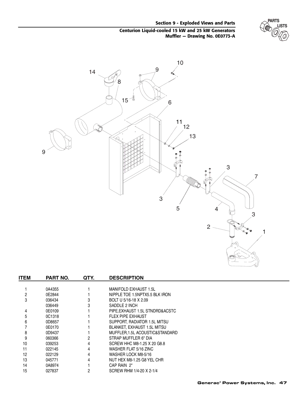 Generac 004912-0, 004912-1, 004913-0, 004913-1, 004913-2 Manifold Exhaust 1.5L, Nipple TOE 1.5NPTX5.5 BLK Iron, CAP Rain 