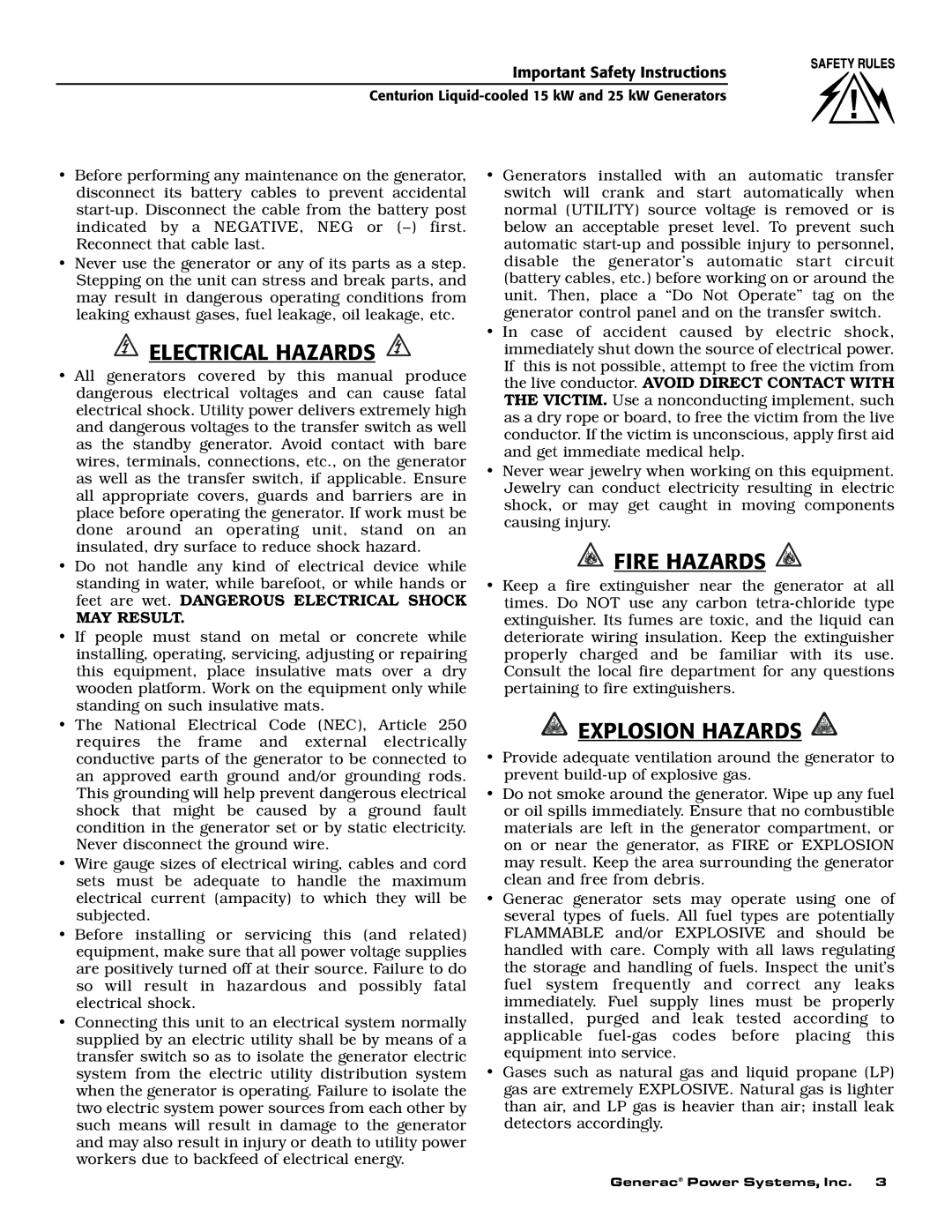 Generac 004912-0, 004912-1, 004913-0, 004913-1, 004913-2 owner manual Electrical Hazards 