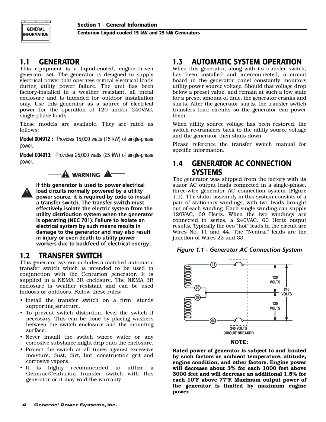 Generac 004912-0, 004912-1, 004913-0, 004913-1 owner manual Automatic System Operation, Generator AC Connection Systems 