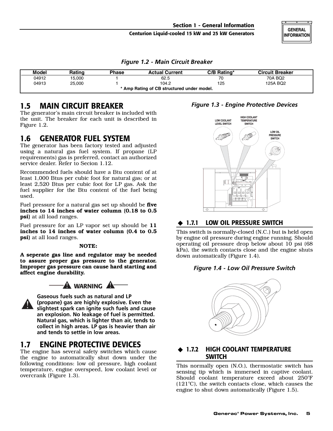 Generac 004912-0, 004912-1, 004913-0, 004913-1, 004913-2 owner manual Main Circuit Breaker, Generator Fuel System 