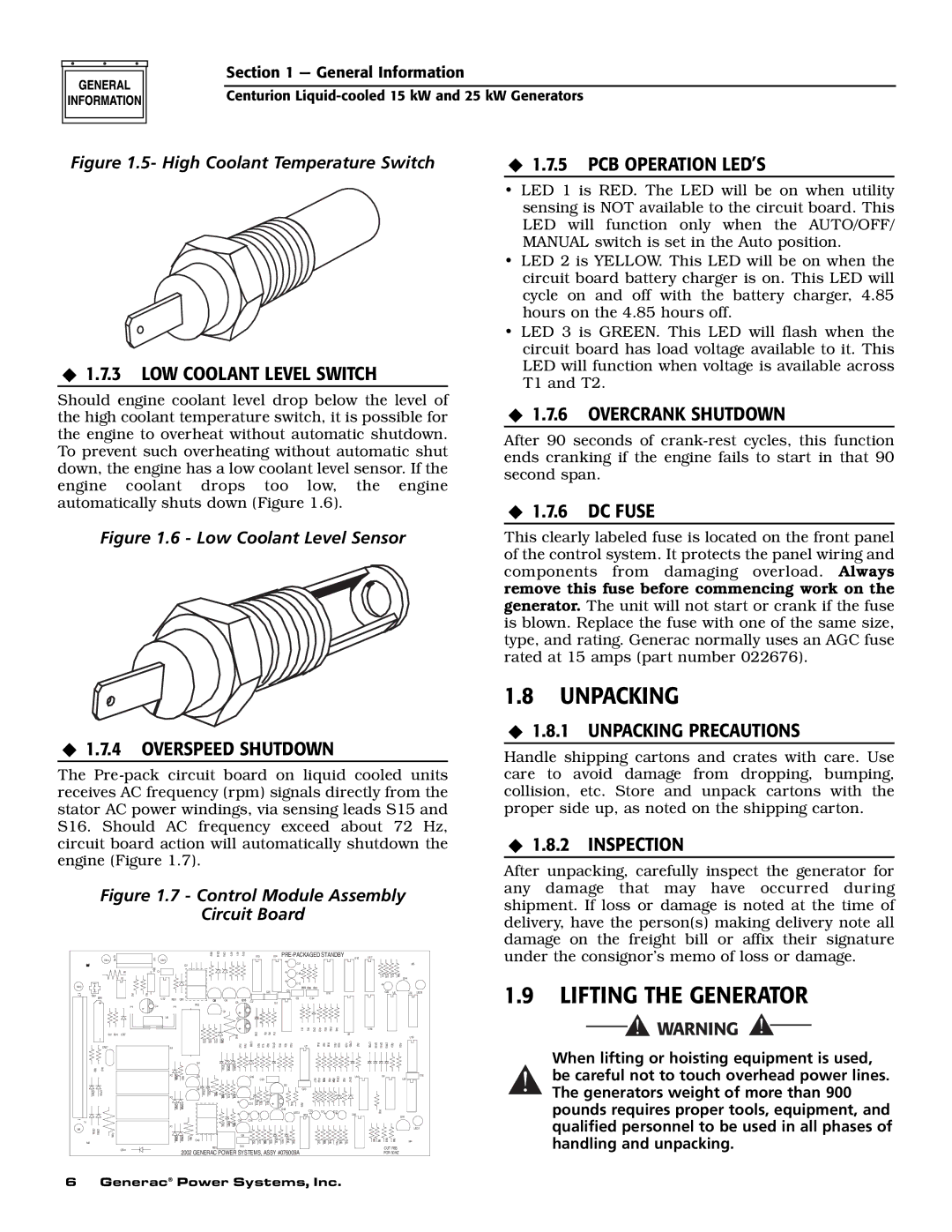 Generac 004912-0, 004912-1, 004913-0, 004913-1 owner manual Unpacking, Lifting the Generator 