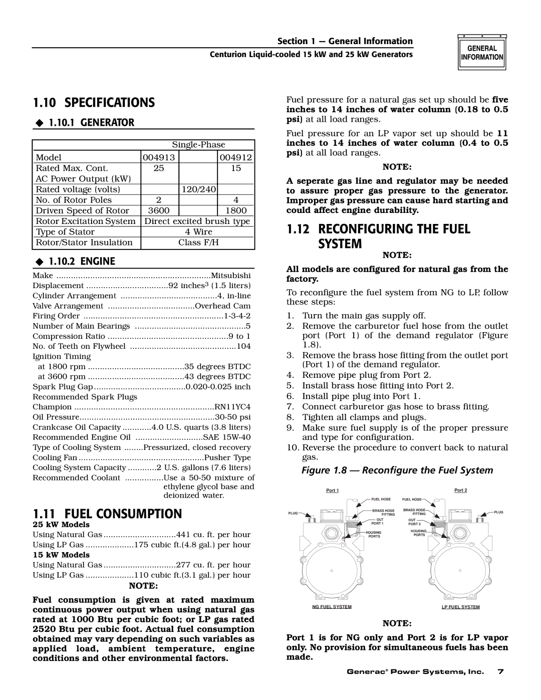 Generac 004912-0, 004912-1, 004913-0, 004913-1, 004913-2 Specifications, Fuel Consumption, Reconfiguring the Fuel System 