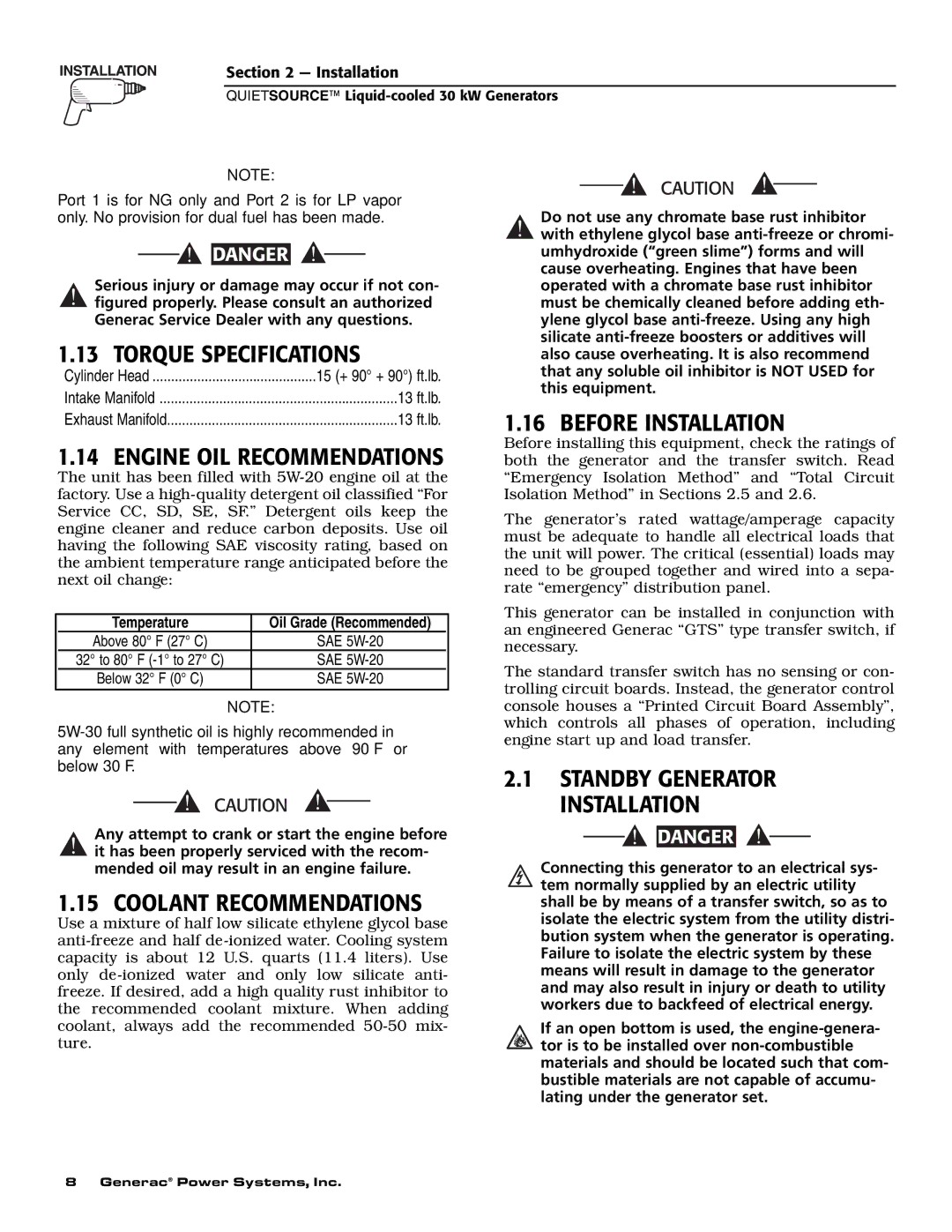 Generac 004917-5 Torque Specifications, Engine OIL Recommendations, Coolant Recommendations, Before Installation 