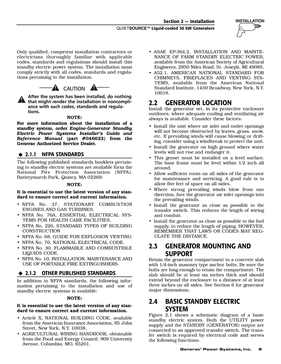 Generac 004917-5 Generator Location, Generator Mounting Support, Basic Standby Electric System, ‹ 2.1.1 Nfpa Standards 