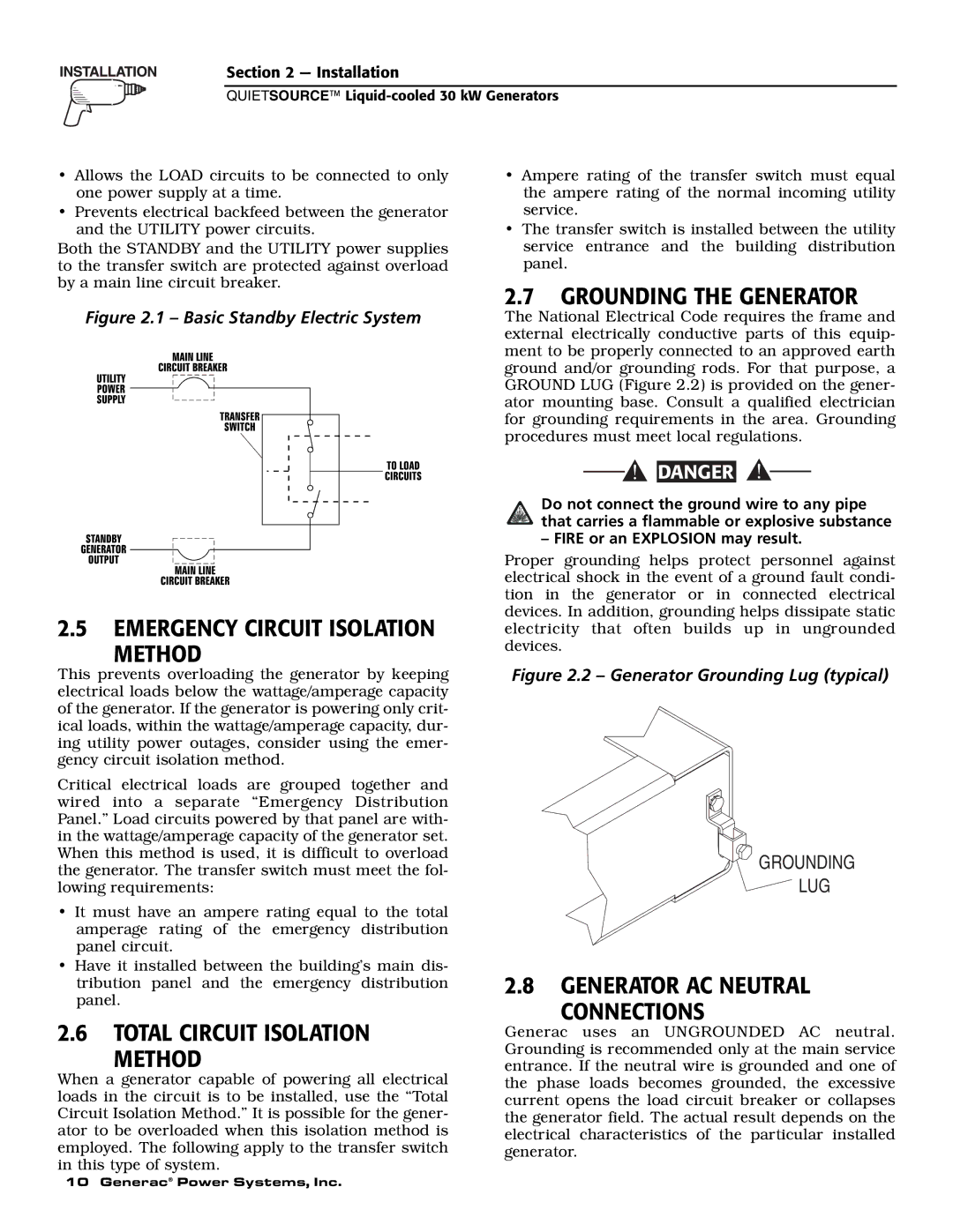 Generac 004917-5 owner manual Emergency Circuit Isolation Method, Total Circuit Isolation Method, Grounding the Generator 