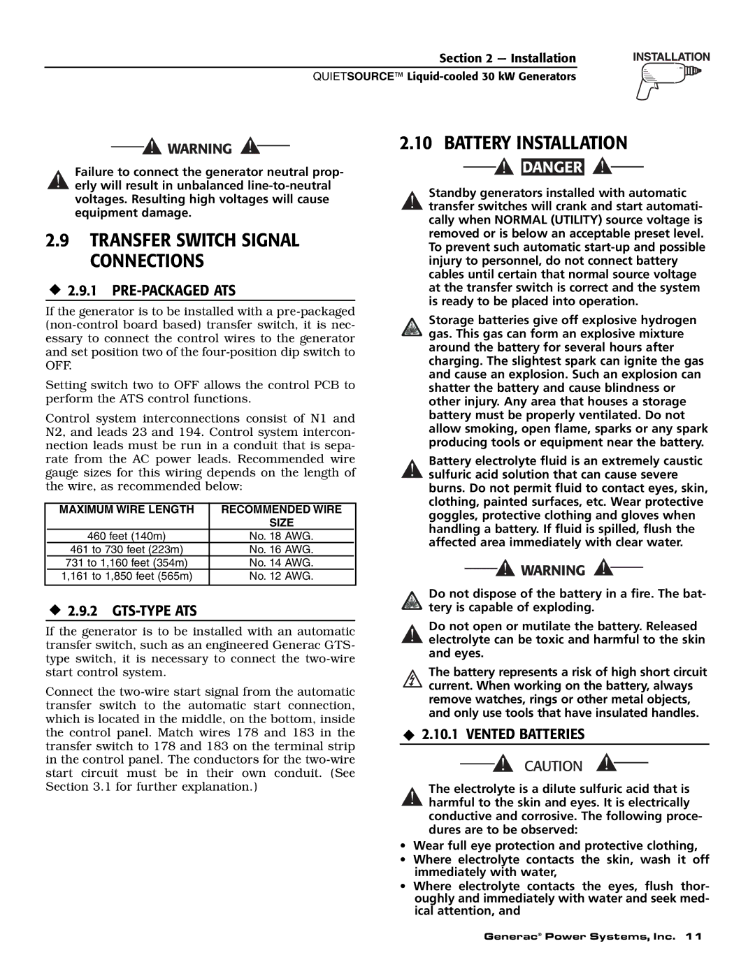 Generac 004917-5 Transfer Switch Signal Connections, Battery Installation, ‹ 2.9.1 PRE-PACKAGED ATS, ‹ 2.9.2 GTS-TYPE ATS 