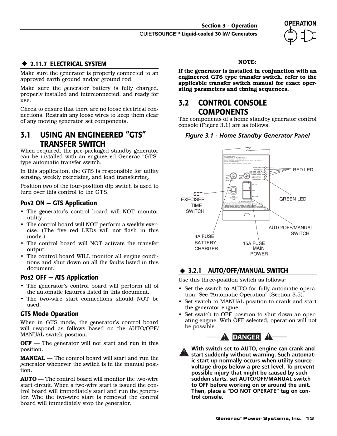 Generac 004917-5 Control Console Components, Using AN Engineered GTS Transfer Switch, ‹ 2.11.7 Electrical System 